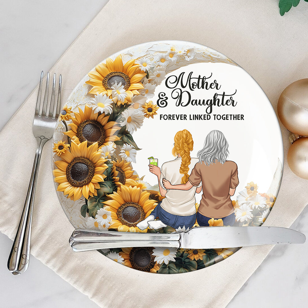Mother & Daughter/ Son Forever Linked Together - Personalized Mother Ceramic Round Plate