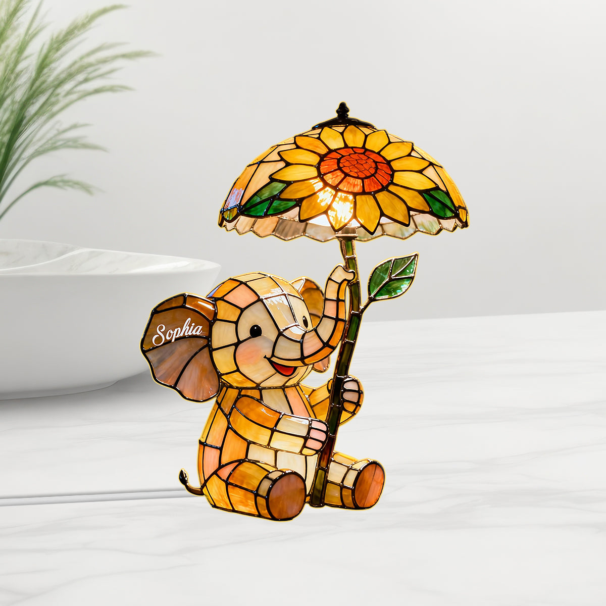 Bébé éléphant avec tournesol - Veilleuse LED éléphant personnalisée en acrylique