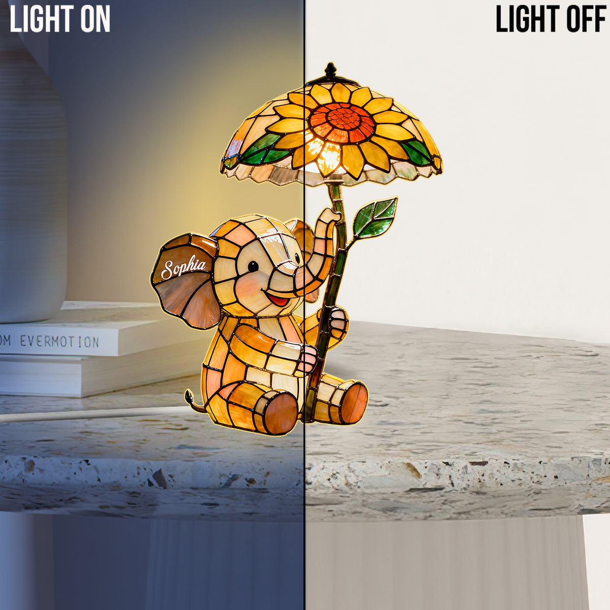 Bébé éléphant avec tournesol - Veilleuse LED éléphant personnalisée en acrylique