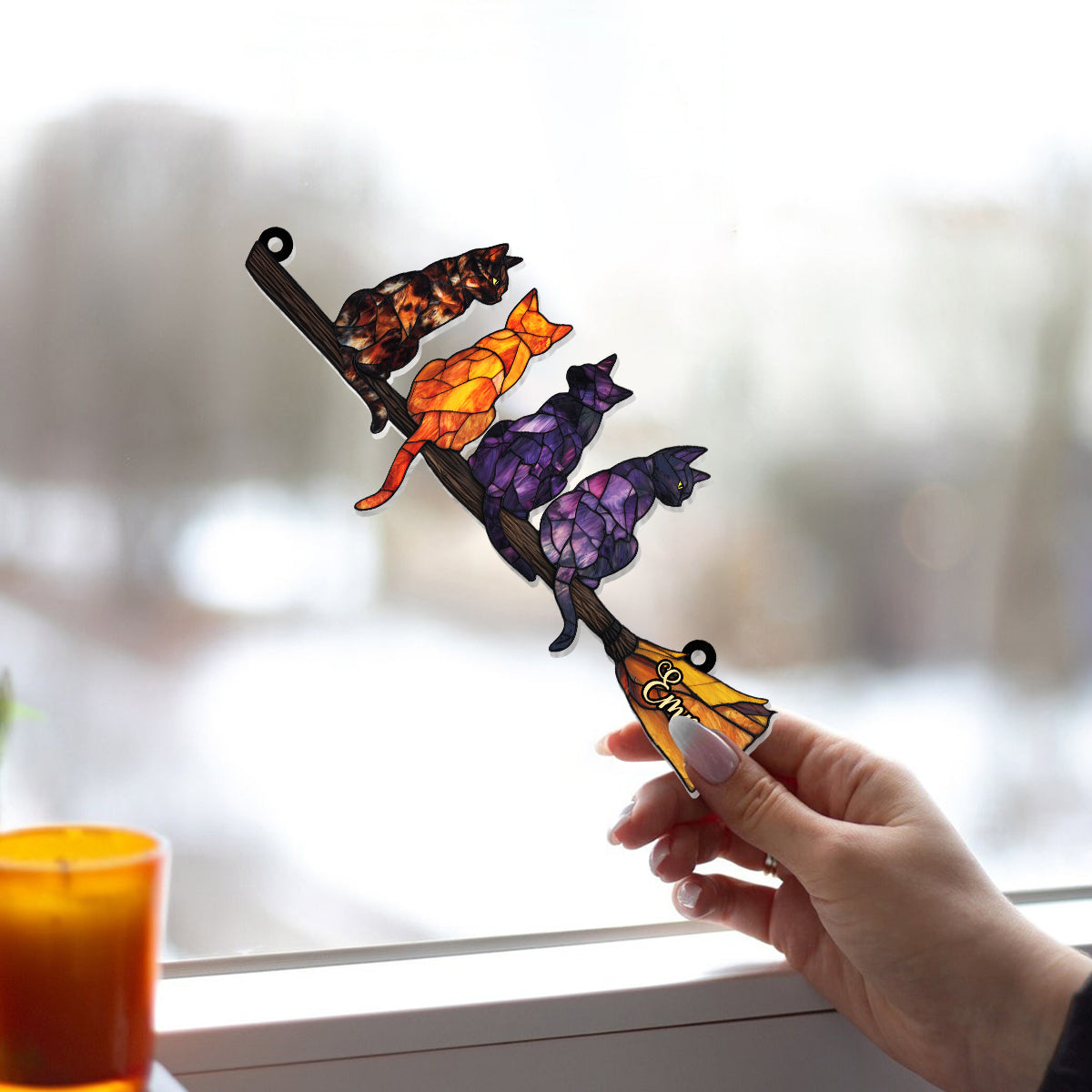Chat mystérieux - Ornement attrape-soleil personnalisé à suspendre à la fenêtre, sorcière