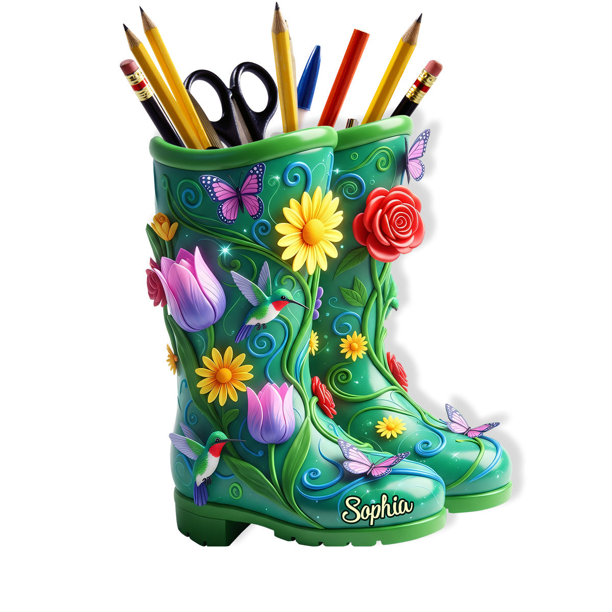 Gardening Boots With Flowers - Personalized Gardening Wooden Pen Holder