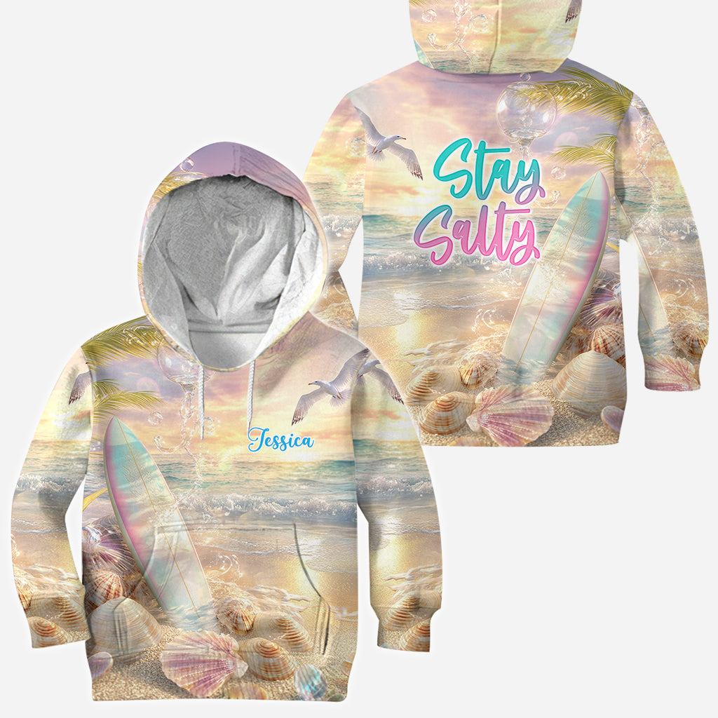 T-shirt personnalisé « Stay Salty » avec motif surf.