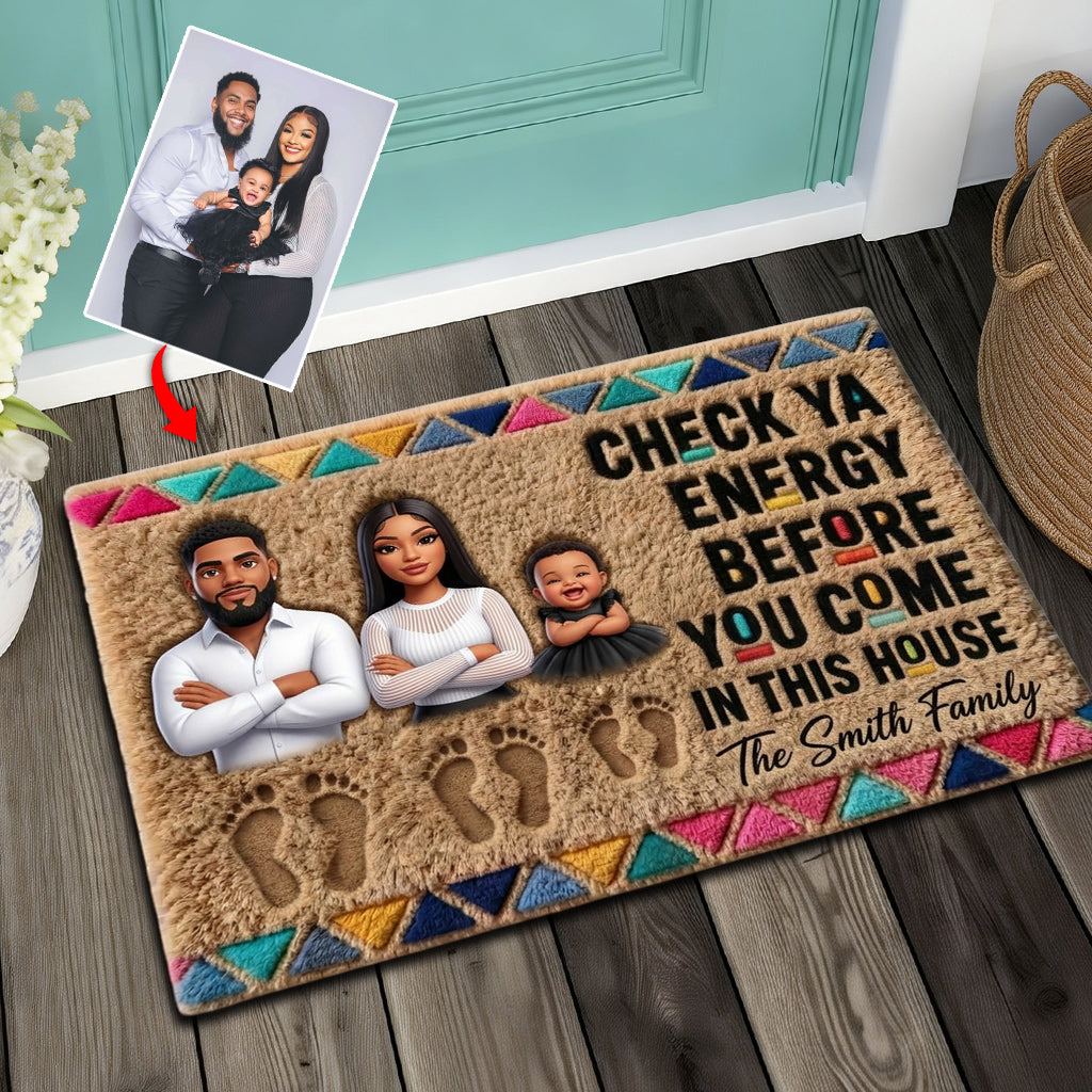 Check Your Energy Before You Come In - Personalized African American Shaped Doormat/ Rug