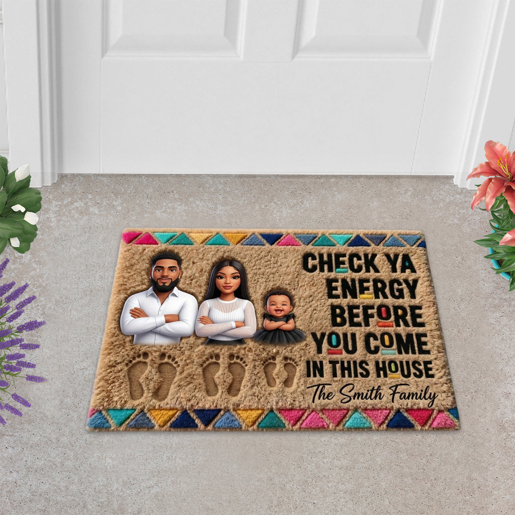 Check Your Energy Before You Come In - Personalized African American Shaped Doormat/ Rug