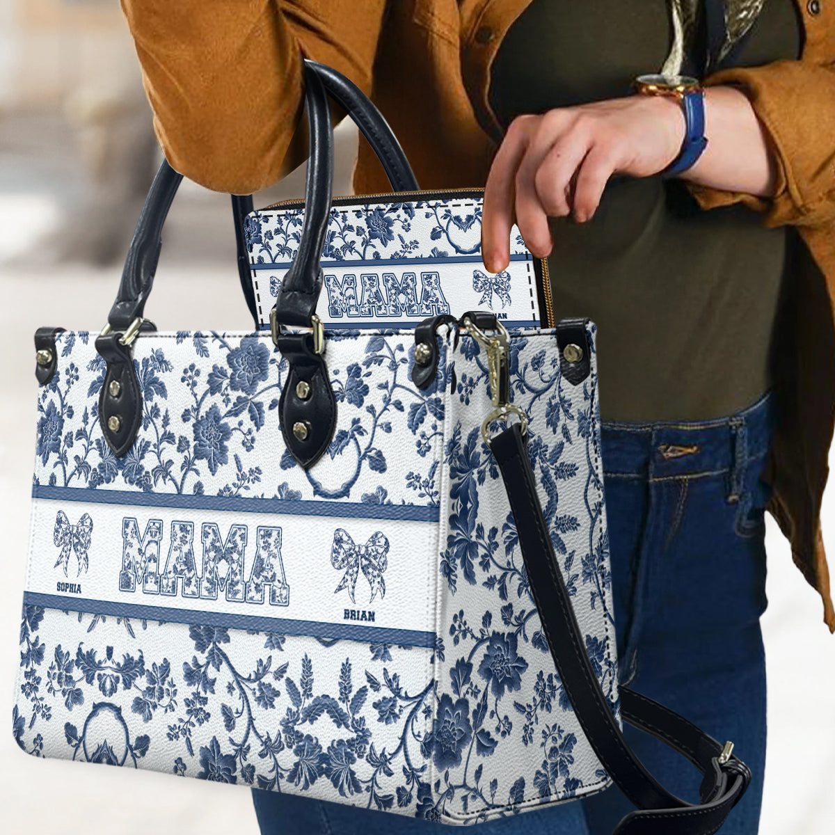 Toile De Jouy Mom - Personalized Mother Leather Handbag & Leather Long Wallet