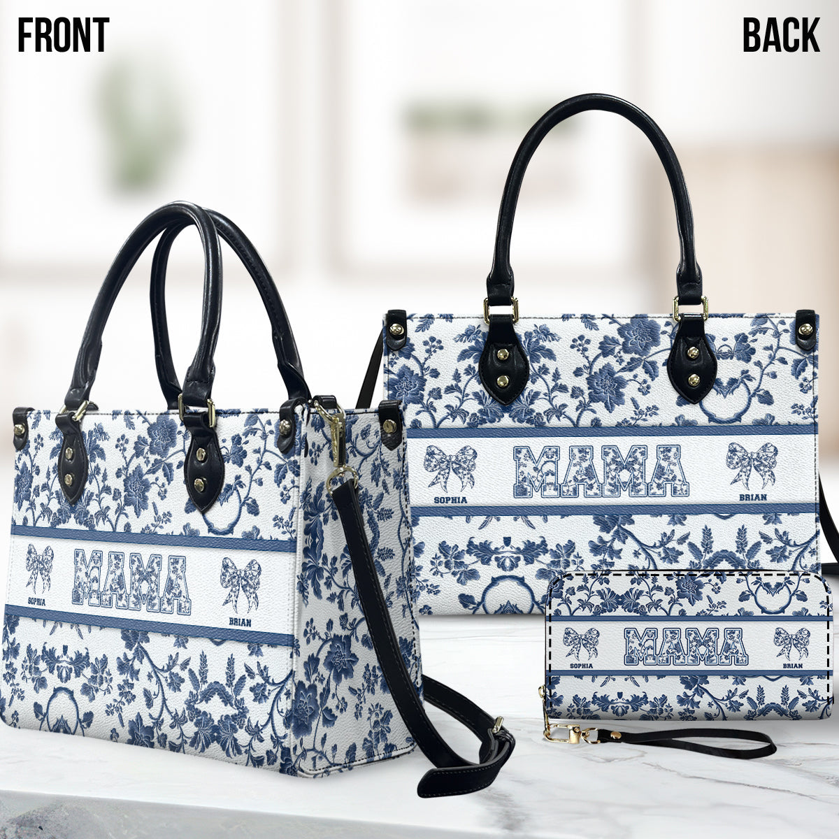 Toile De Jouy Mom - Personalized Mother Leather Handbag & Leather Long Wallet