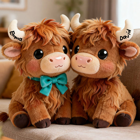 Toi et moi - Coussin personnalisé en fausse fourrure en forme de vache des Highlands