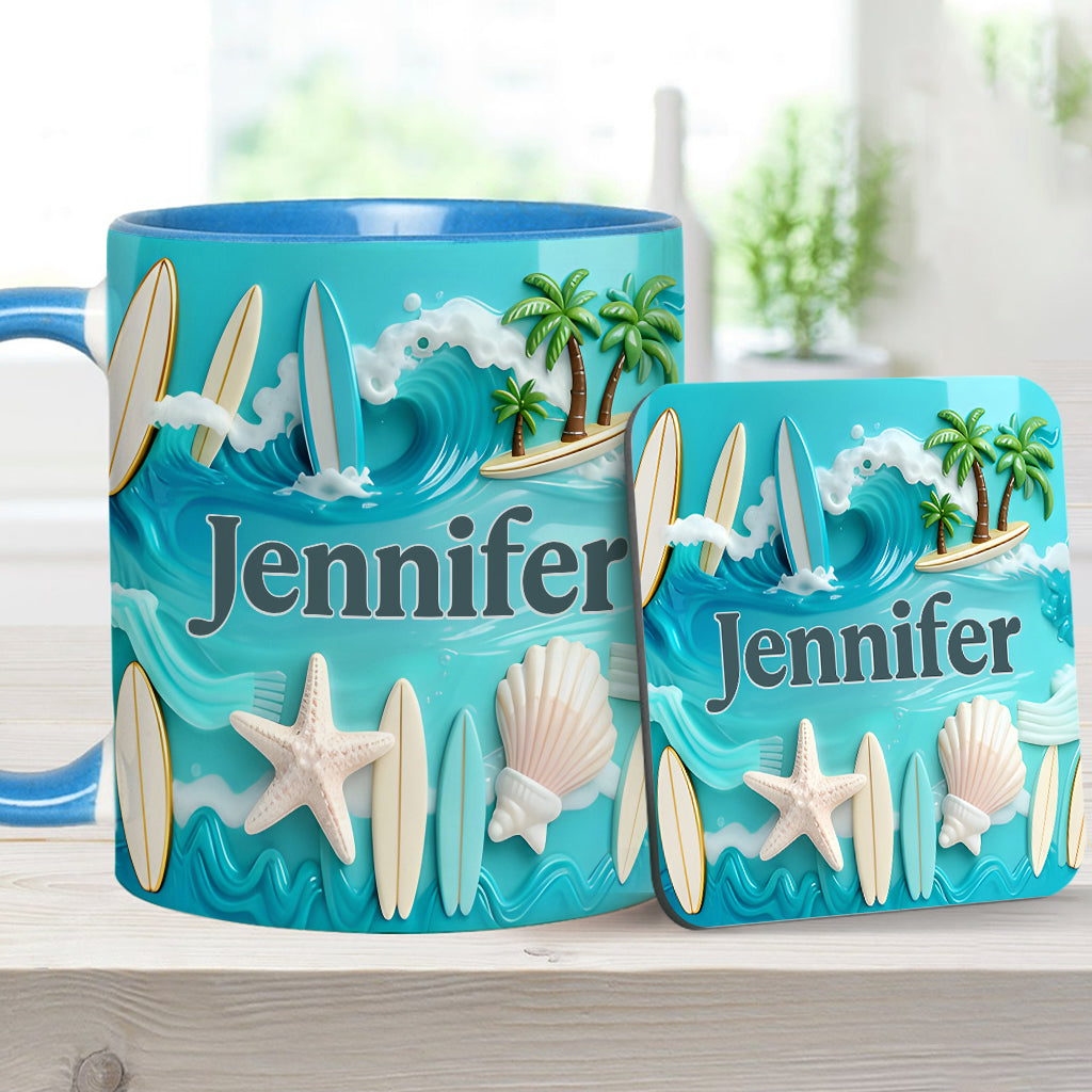 J'adore le surf - Mug et sous-verre personnalisés sur le thème du surf