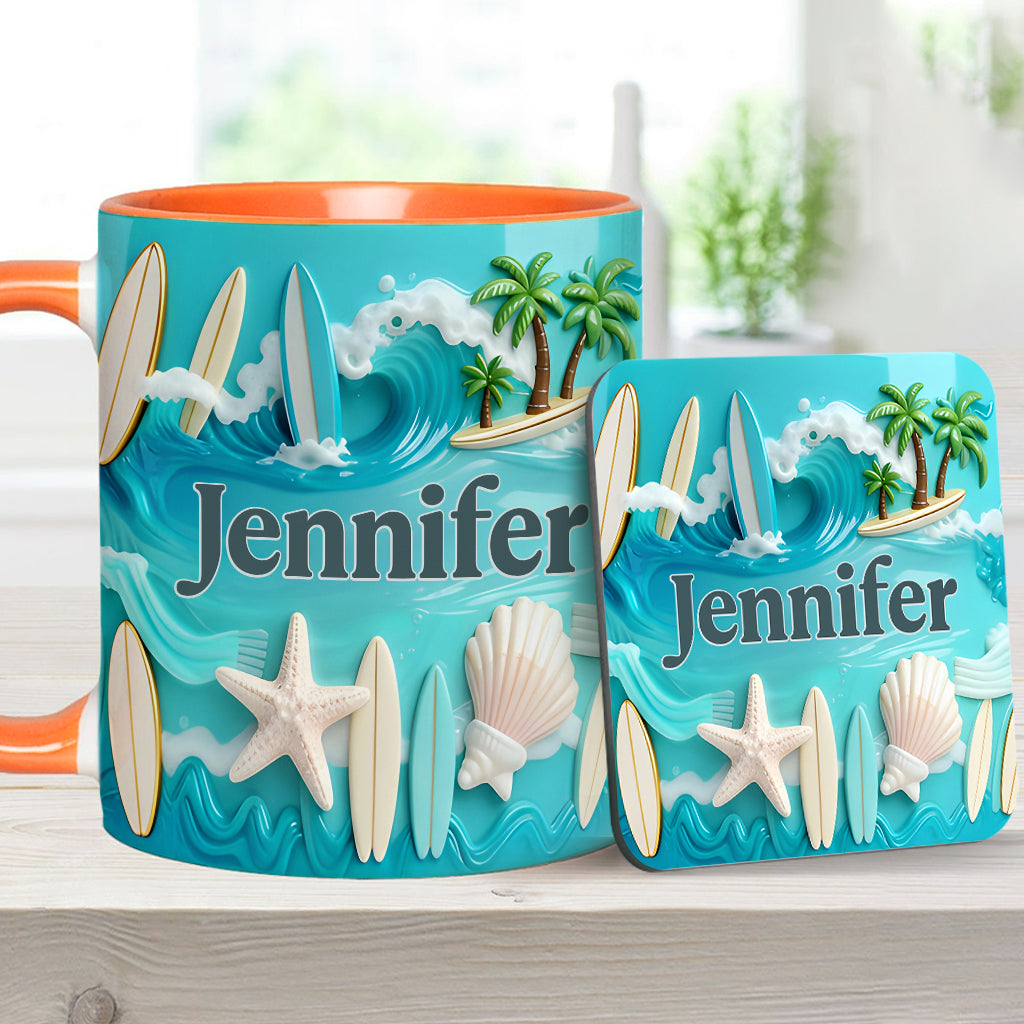 J'adore le surf - Mug et sous-verre personnalisés sur le thème du surf