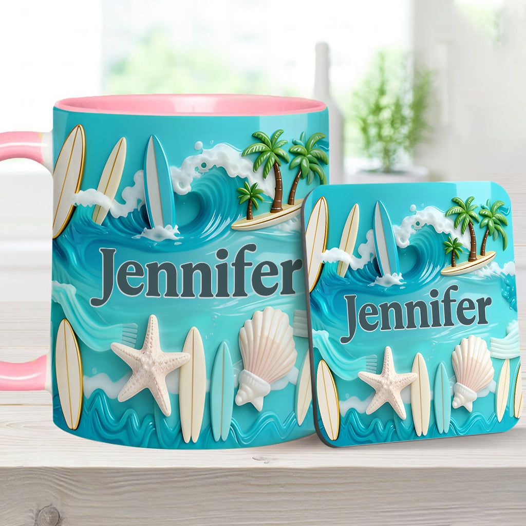 J'adore le surf - Mug et sous-verre personnalisés sur le thème du surf