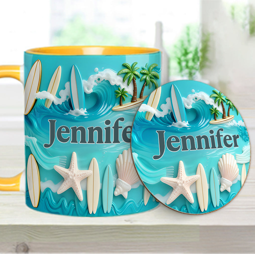 J'adore le surf - Mug et sous-verre personnalisés sur le thème du surf