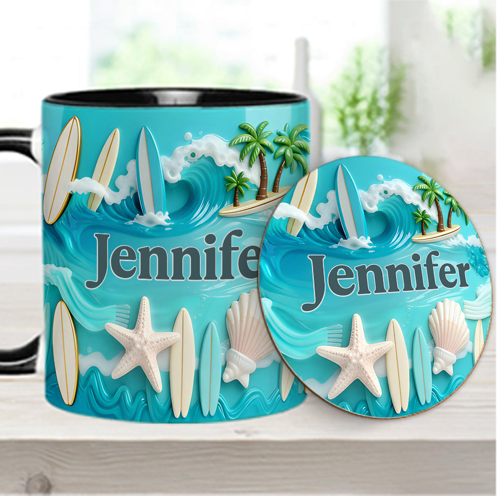 J'adore le surf - Mug et sous-verre personnalisés sur le thème du surf