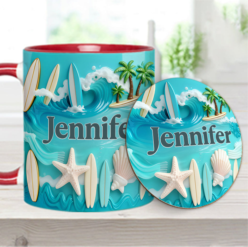 J'adore le surf - Mug et sous-verre personnalisés sur le thème du surf