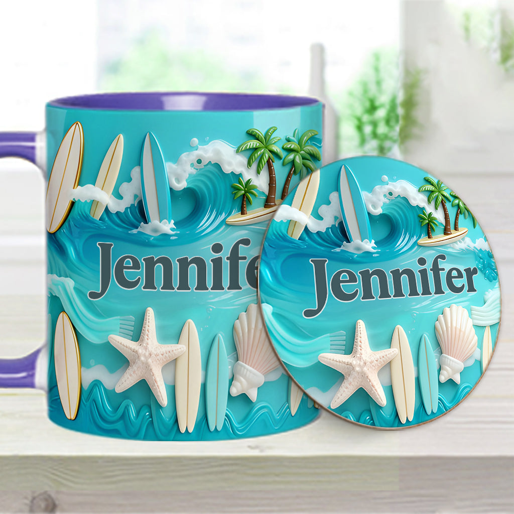 J'adore le surf - Mug et sous-verre personnalisés sur le thème du surf