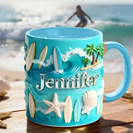 J'adore le surf - Mug et sous-verre personnalisés sur le thème du surf
