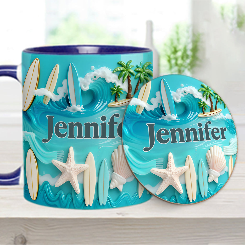 J'adore le surf - Mug et sous-verre personnalisés sur le thème du surf