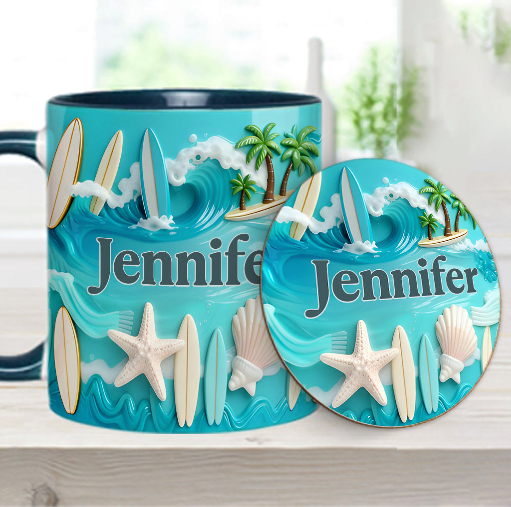 J'adore le surf - Mug et sous-verre personnalisés sur le thème du surf
