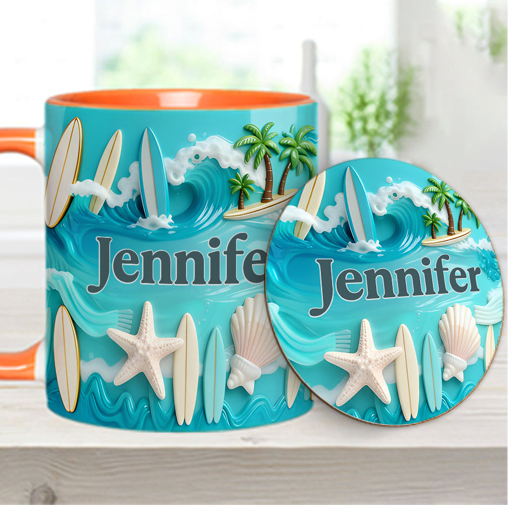 J'adore le surf - Mug et sous-verre personnalisés sur le thème du surf