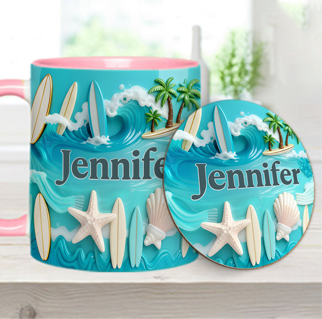 J'adore le surf - Mug et sous-verre personnalisés sur le thème du surf