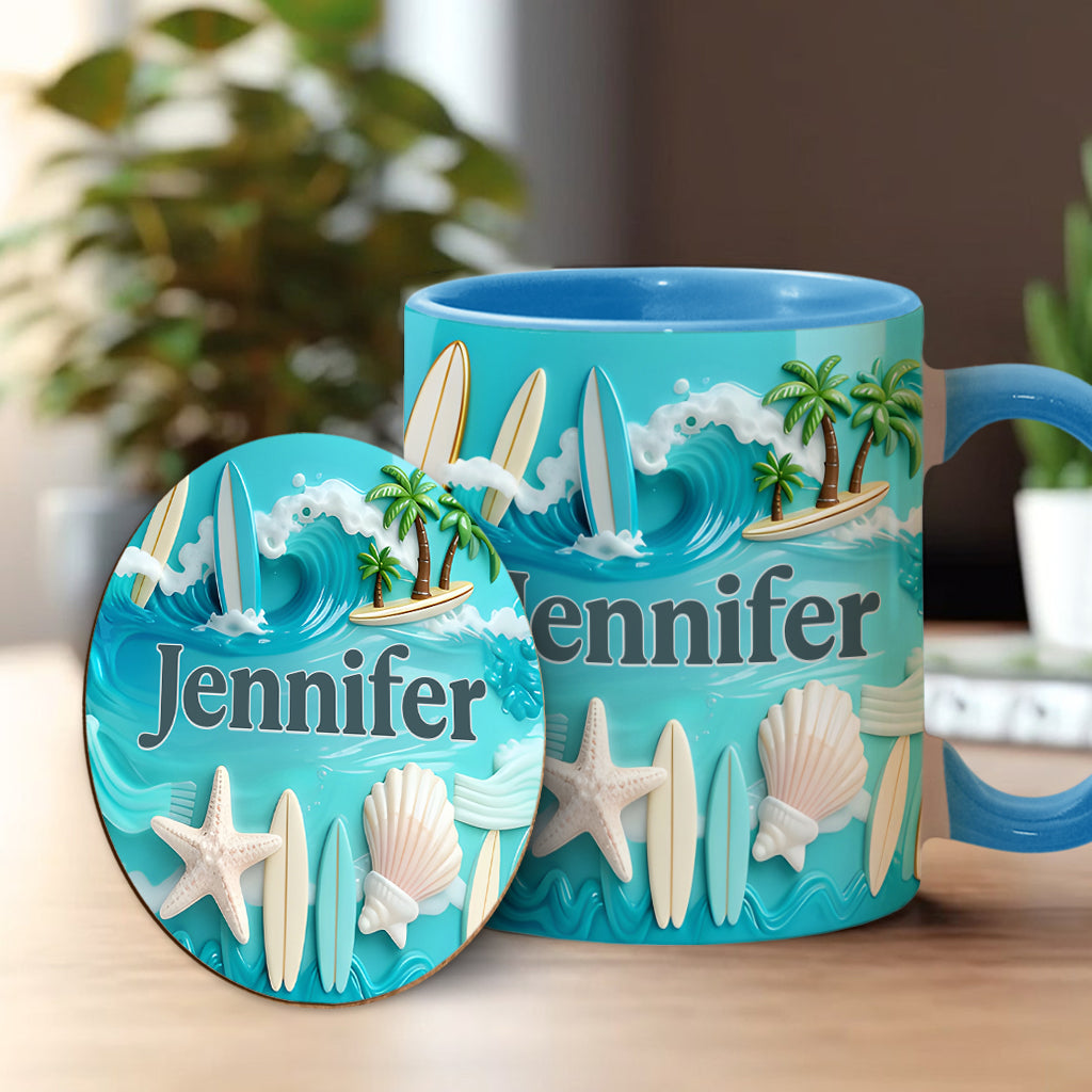 J'adore le surf - Mug et sous-verre personnalisés sur le thème du surf