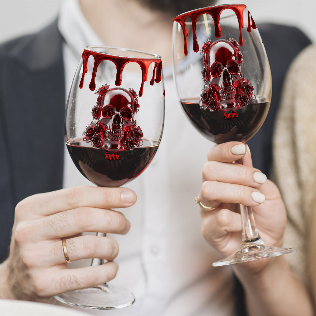 Crâne et roses - Verre à vin personnalisé en forme de crâne avec longue tige