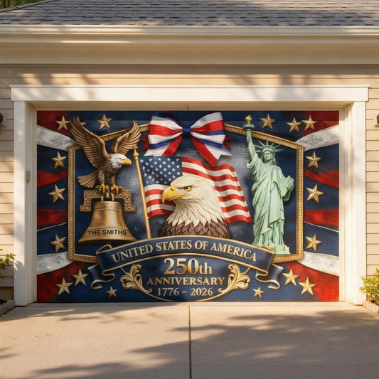 Bannière personnalisée patriotique pour porte de garage, commémorant le 250e anniversaire des États-Unis.