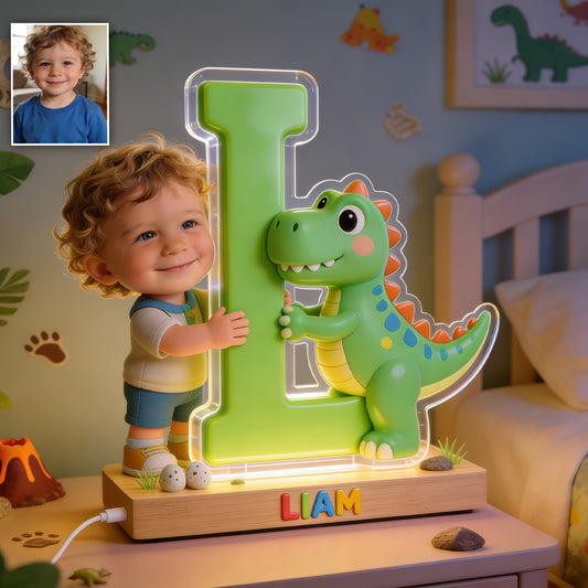 Lettre de l'alphabet dinosaure & photo personnalisée - Lampe de nuit LED en forme d'enfant