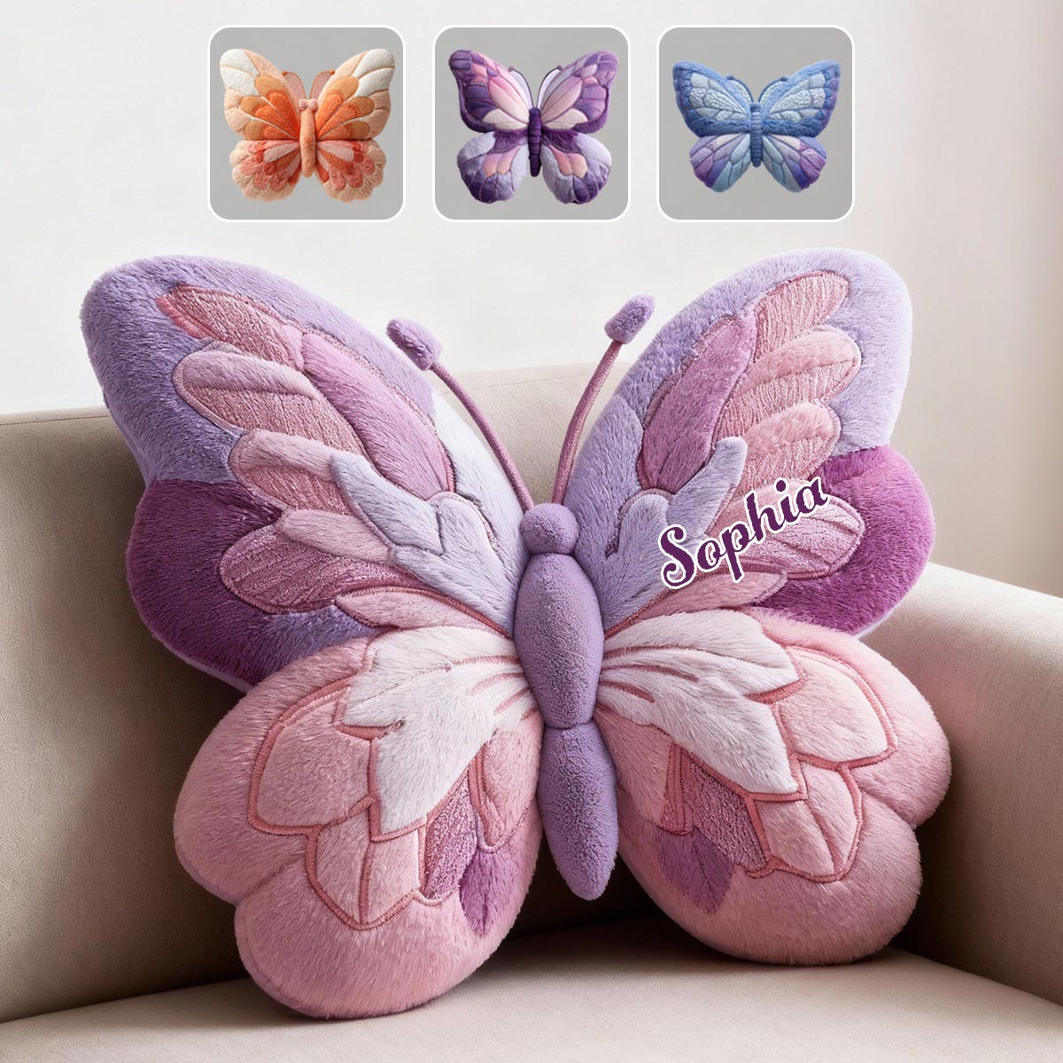 Coussin papillon duveteux personnalisé en fausse fourrure en forme de papillon