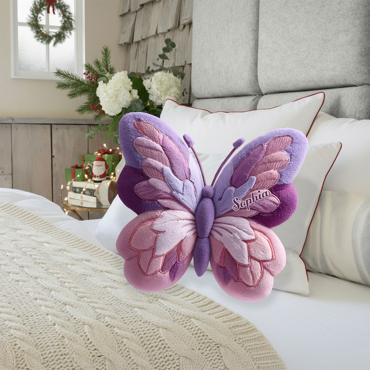 Coussin papillon duveteux personnalisé en fausse fourrure en forme de papillon