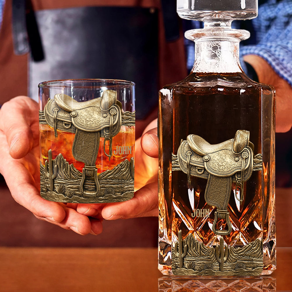 Fer à cheval et selle - Coffret carafe à whisky personnalisée sur le thème du cheval