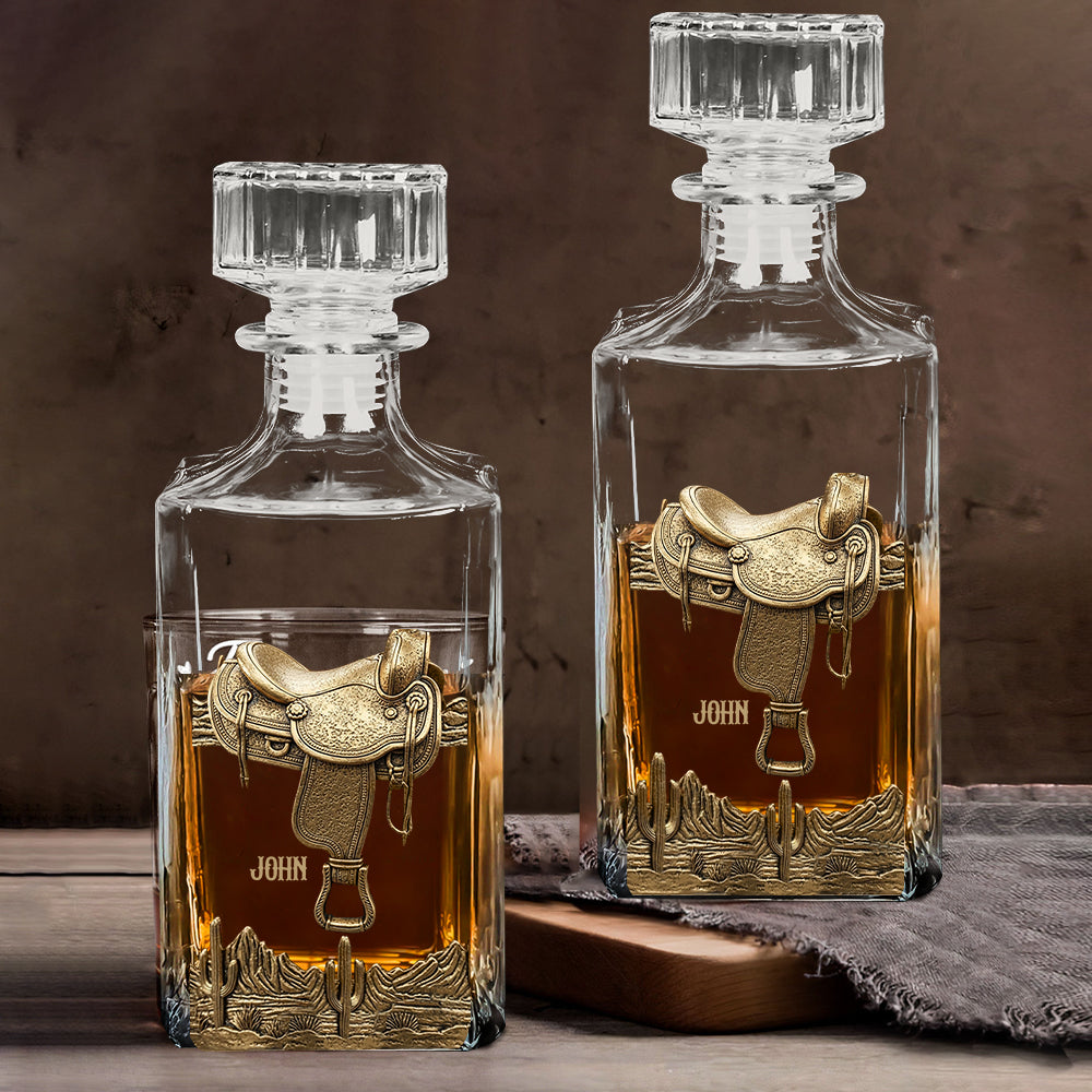 Fer à cheval et selle - Coffret carafe à whisky personnalisée sur le thème du cheval