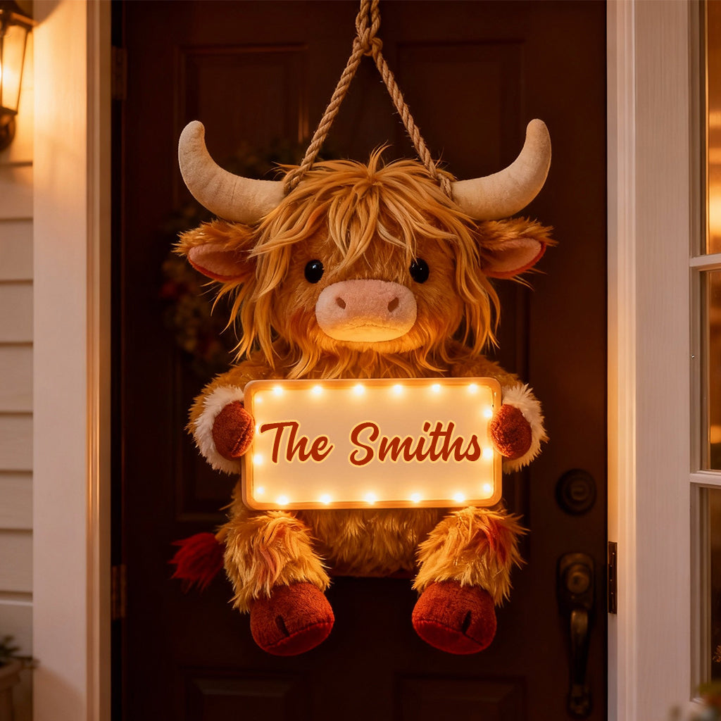 « Home Sweet Home » - Panneau lumineux LED personnalisé représentant une vache des Highlands en acrylique