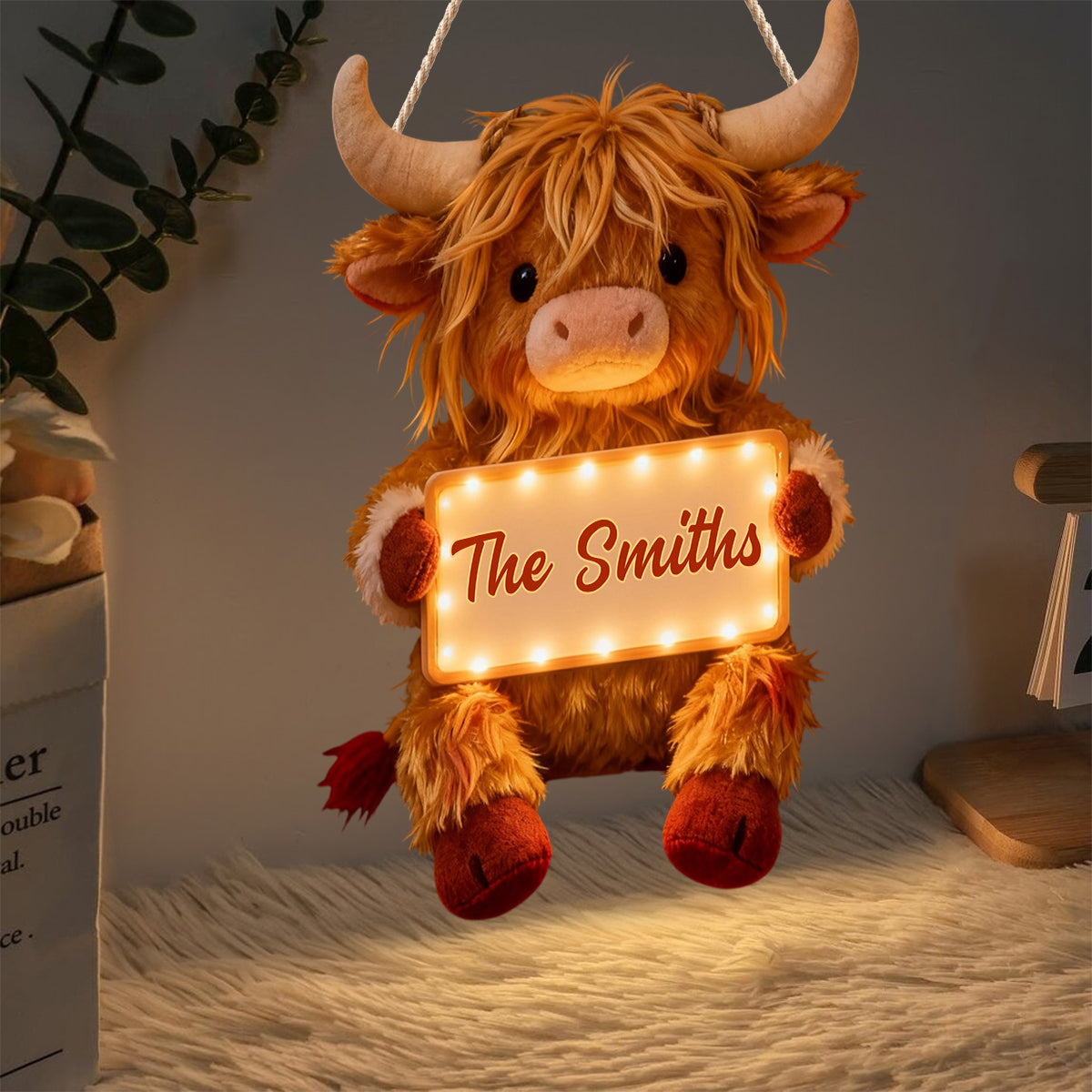 « Home Sweet Home » - Panneau lumineux LED personnalisé représentant une vache des Highlands en acrylique