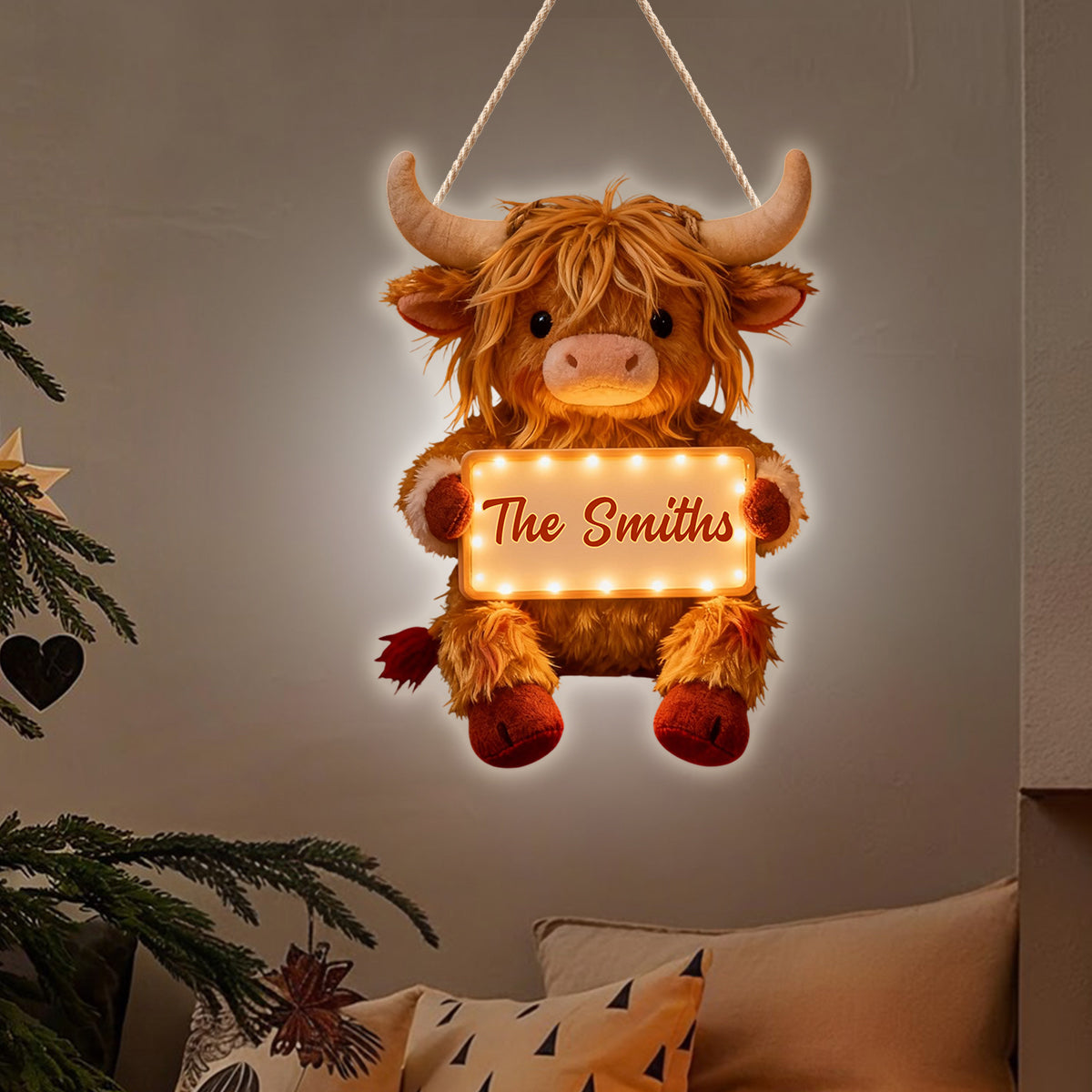 « Home Sweet Home » - Panneau lumineux LED personnalisé représentant une vache des Highlands en acrylique