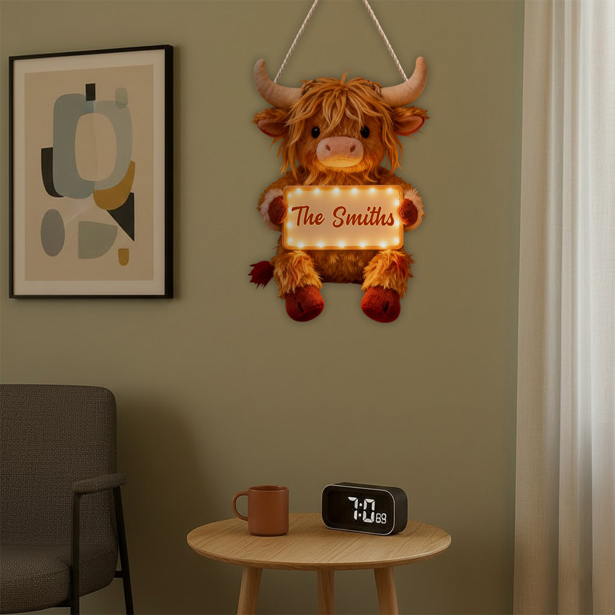 « Home Sweet Home » - Panneau lumineux LED personnalisé représentant une vache des Highlands en acrylique