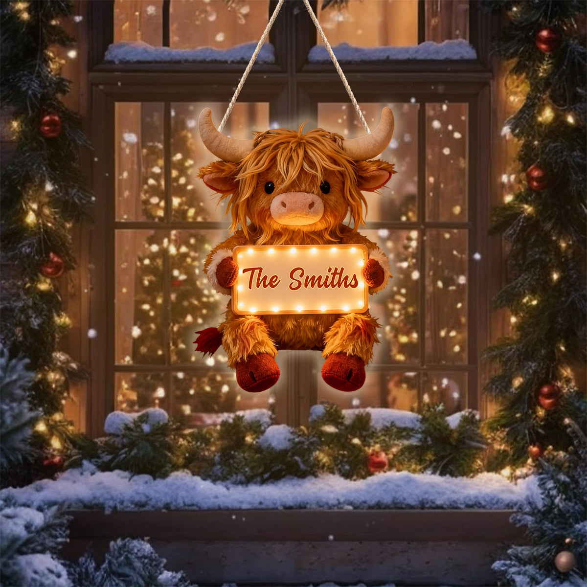 « Home Sweet Home » - Panneau lumineux LED personnalisé représentant une vache des Highlands en acrylique