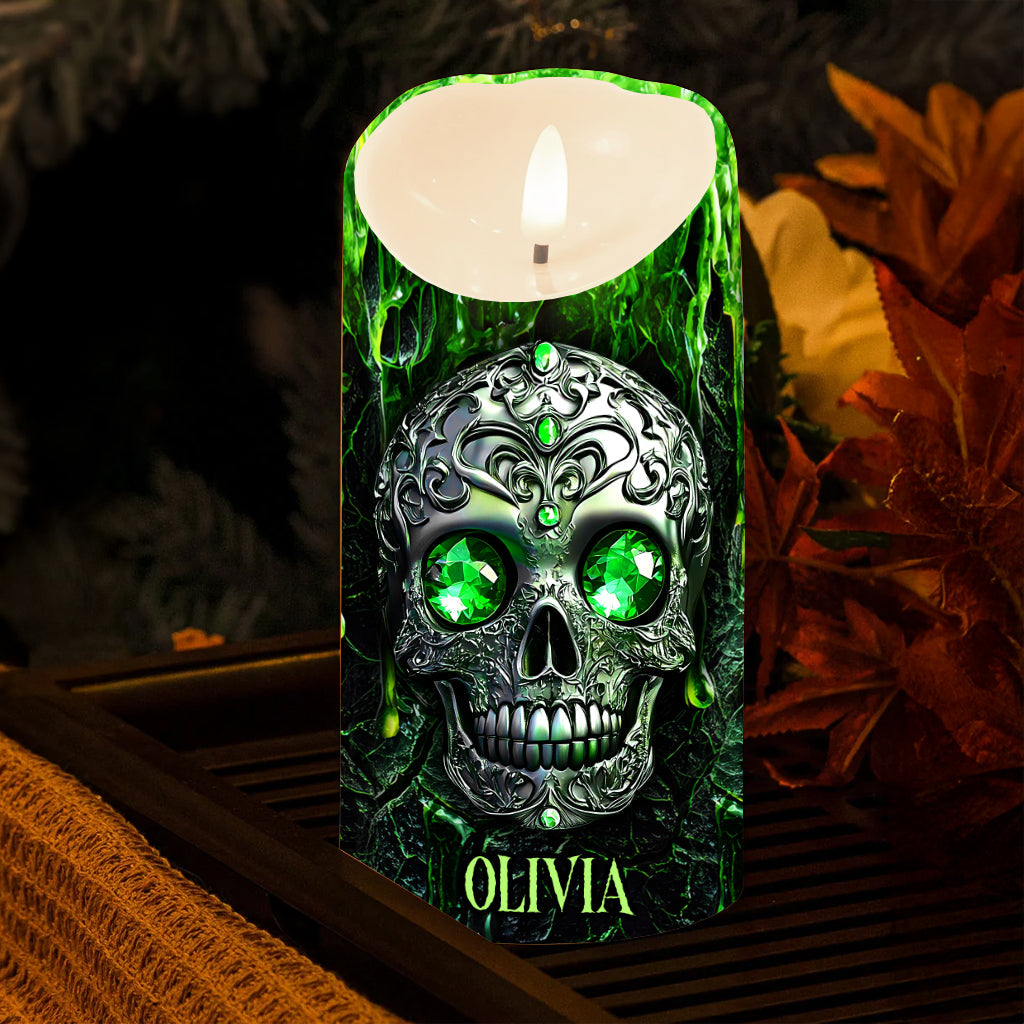 Saison des frissons - Bougie sans flamme personnalisée en forme de crâne