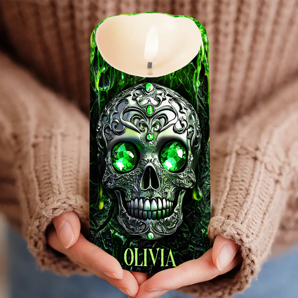 Saison des frissons - Bougie sans flamme personnalisée en forme de crâne