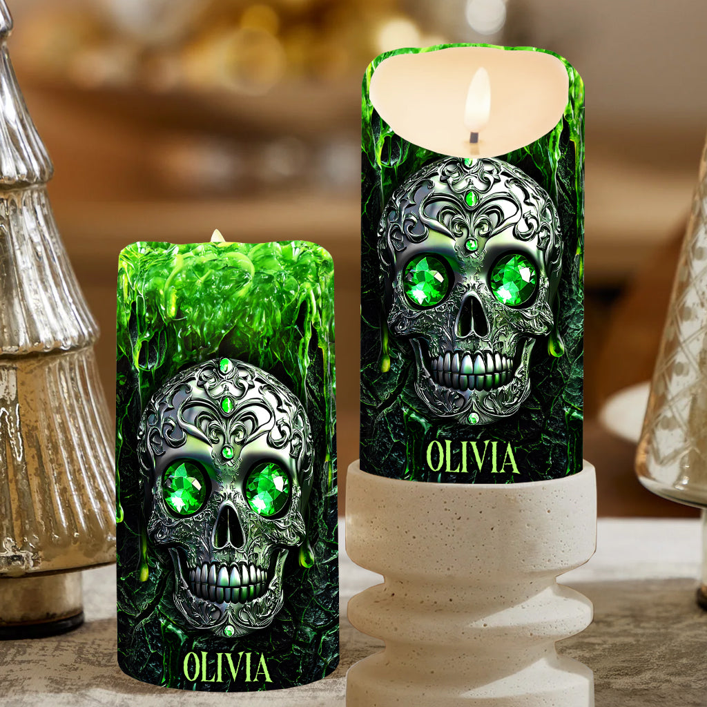 Saison des frissons - Bougie sans flamme personnalisée en forme de crâne