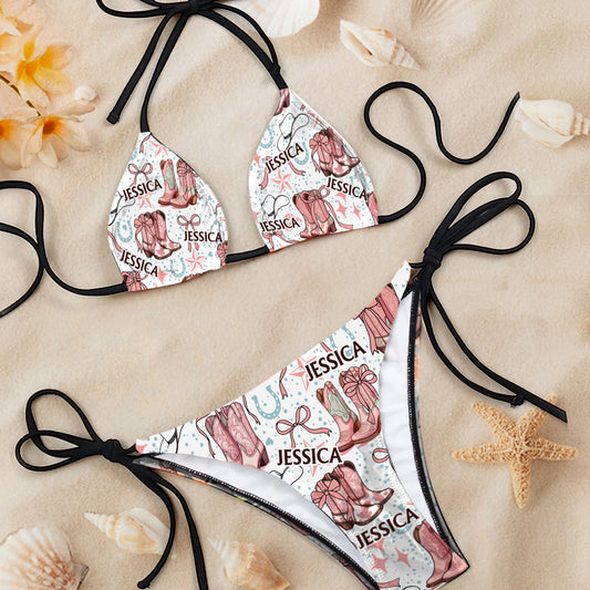 Bottes de cowgirl Coquette et nœuds - Maillot de bain bikini triangle de cowgirl personnalisé