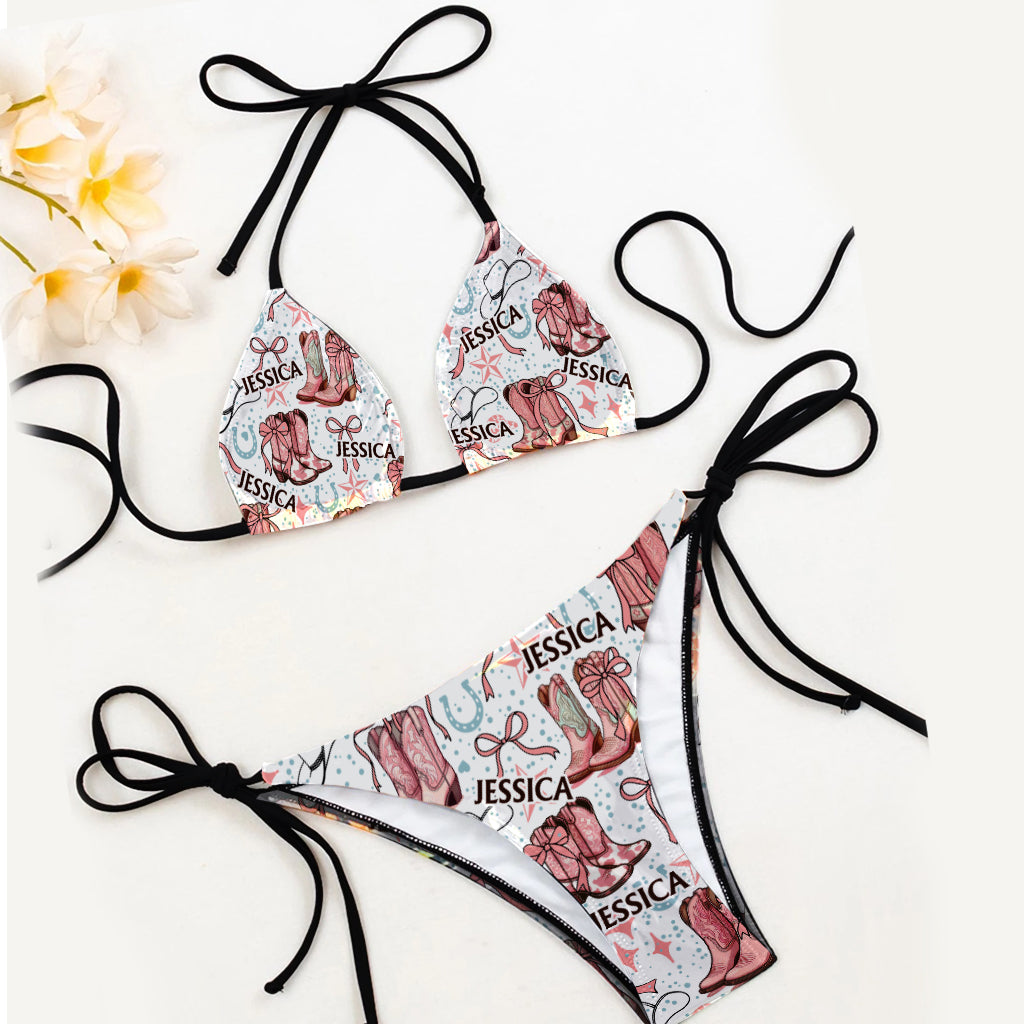 Bottes de cowgirl Coquette et nœuds - Maillot de bain bikini triangle de cowgirl personnalisé