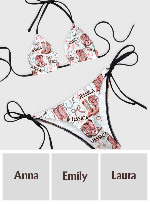 Bottes de cowgirl Coquette et nœuds - Maillot de bain bikini triangle de cowgirl personnalisé