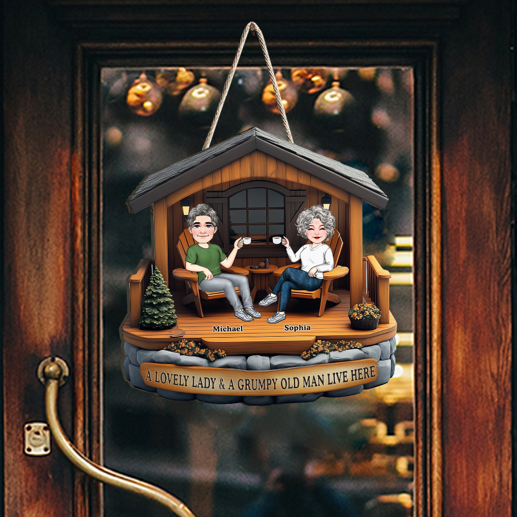 A Lovely Lady A Grumpy Old Man Live Here - Personalized Couple Custom Shaped Wood Sign