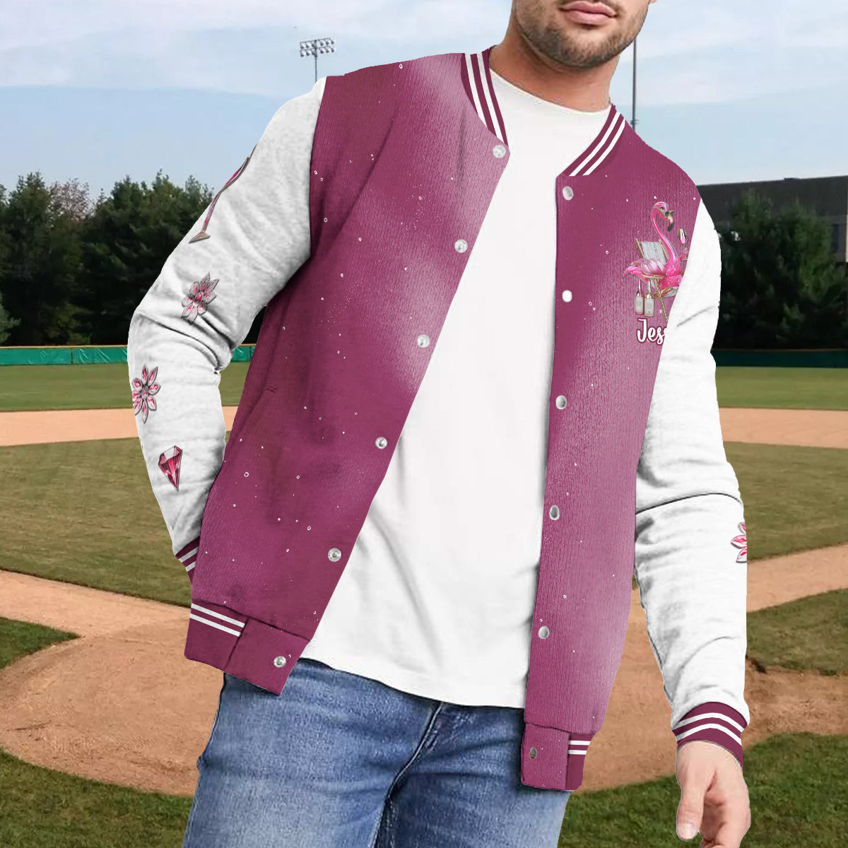Be A Flamingo In A Flock of Pigeons - Personalized Flamingo Varsity Jacket