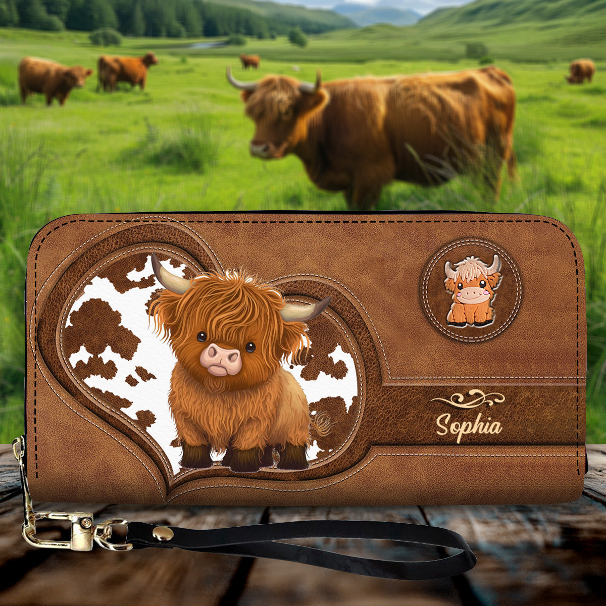 Cute Highland Cow - Personalized Highland Cow Leather Long Wallet
