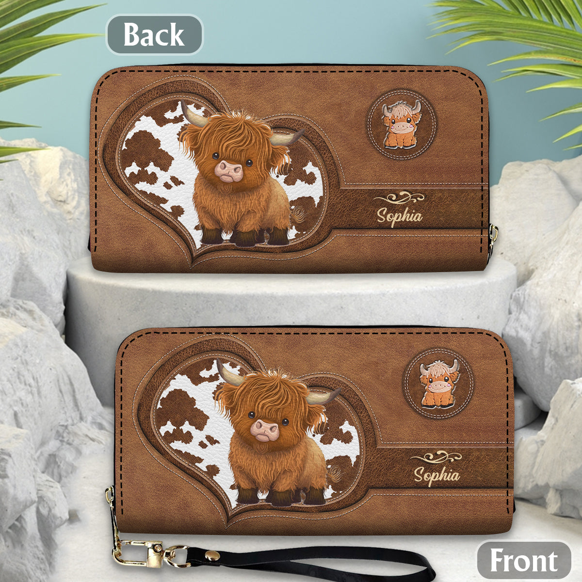 Cute Highland Cow - Personalized Highland Cow Leather Long Wallet