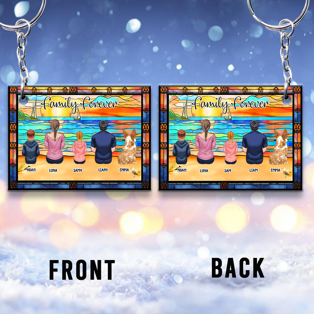 Porte-clés familial personnalisé « Famille assise avec vue sur l'océan »