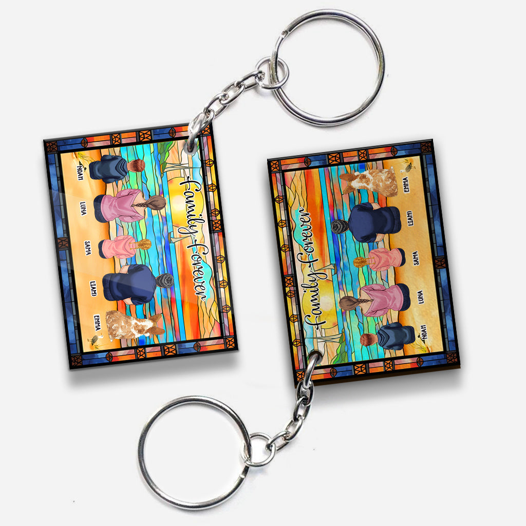 Porte-clés familial personnalisé « Famille assise avec vue sur l'océan »