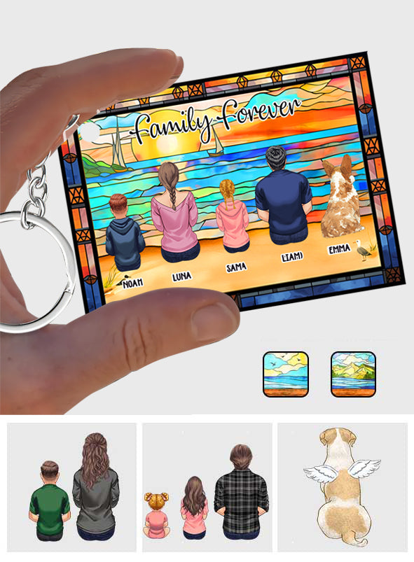 Porte-clés familial personnalisé « Famille assise avec vue sur l'océan »