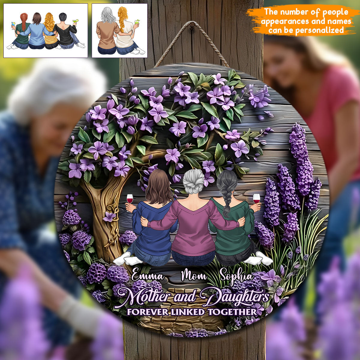 Mother And Daughters Forever Linked Together - Personalized Mother Round Wood Sign